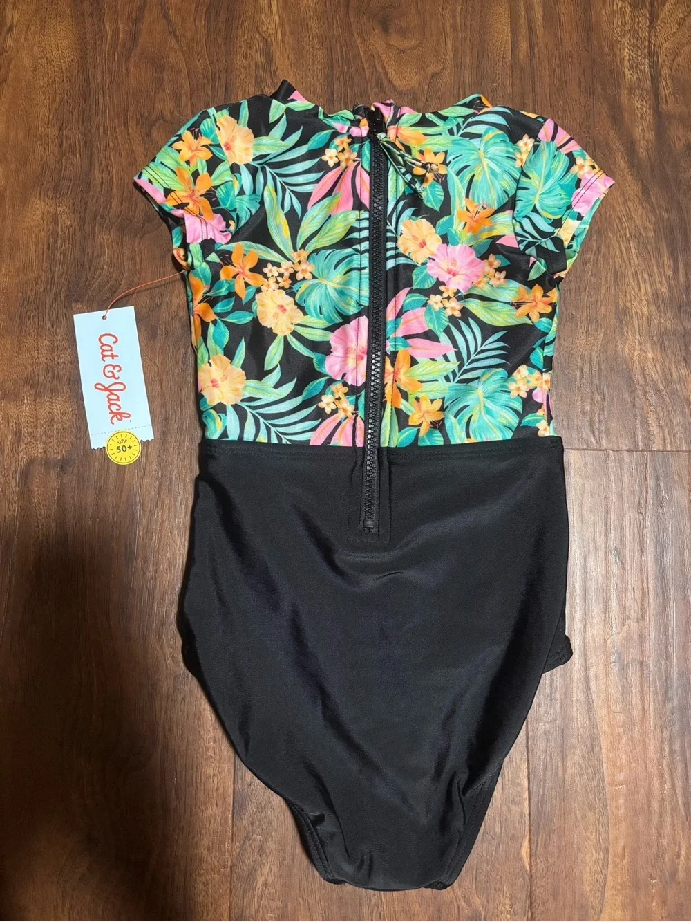 Cat & Jack Girls' Short Sleeve Sunset Tropics One Piece Swimsuit - Black